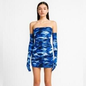 NWOT Miscreants Strapless Ruched Mini Dress with Gloves  Blue Women's Size‎ 14
